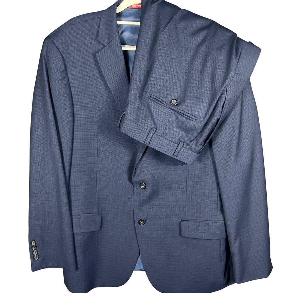 Hart Schaffner Marx Suit Men 46 R Blue Micro-Check 2-Piece Made in USA